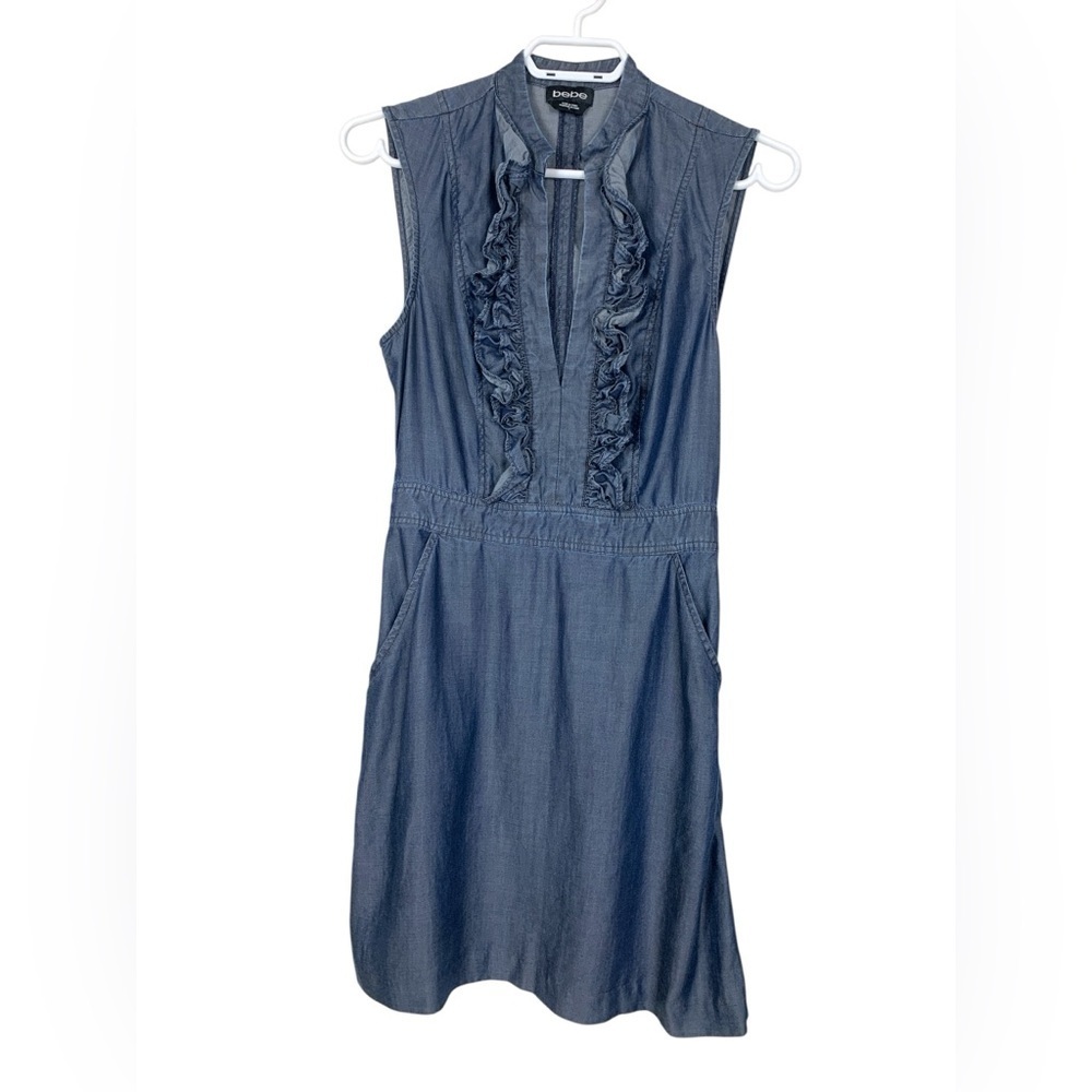 Bebe Deep V Neck Lightweight Summer Dress w Pockets, Side  Zipper, 100% Lyocell - Picture 3 of 16